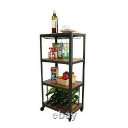 8-Bottle 4-Tier Black/Wood Metal Food Wine Cart Wine Glass Bottle Storage