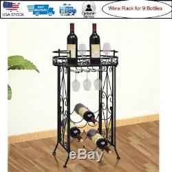 9 Bottles Wine Rack Metal with Glass Holder Bar Bottle Holder Cabinet Storage home
