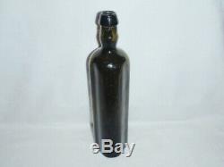 ANTIQUE 1800s ENGLISH BLACK GLASS / Green WINE / Whiskey BOTTLE. Hexagon