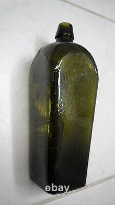 ANTIQUE 1870s DARK OLIVE a/k/a BLACK GLASS DUTCH CASE GIN BOTTLE, 10.75h