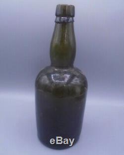 ANTIQUE 1880's BLACK GLASS LIQUOR BOTTLE (DARK OLIVE, 3 PC MOLD, APPLIED LIP)