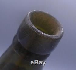 ANTIQUE 1880's BLACK GLASS LIQUOR BOTTLE (DARK OLIVE, 3 PC MOLD, APPLIED LIP)