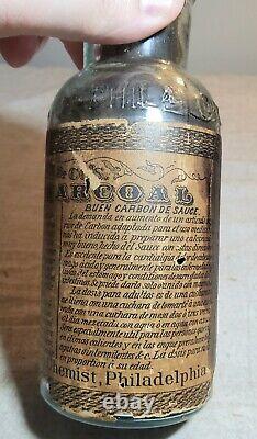 ANTIQUE CHARLES ELLIS PHILADELPHIA FINE WILLOW CHARCOAL MEDICINE BOTTLE with LABEL