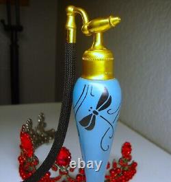 ART DECO DEVILBSS BOTTLE Blue Glass Black Dragonfly Perfume Bottle with Atomizer