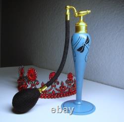 ART DECO DEVILBSS BOTTLE Blue Glass Black Dragonfly Perfume Bottle with Atomizer