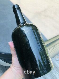 A+ Supercrude Whittled Black Glass Gw Weston Saratoga Ny Mineral Water Qt Bottle