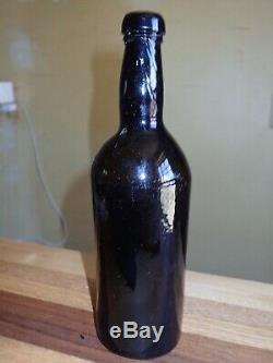 Antique 18th Century Black Glass Bottle Free Blown Mallet Shape 1700s