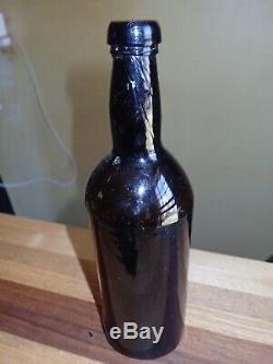 Antique 18th Century Black Glass Bottle Free Blown Mallet Shape 1700s