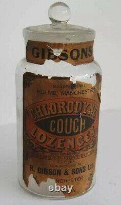 Antique 1900's Advertising Gibsons Chlorodyne Cough Lozenges Glass Jar & Lid
