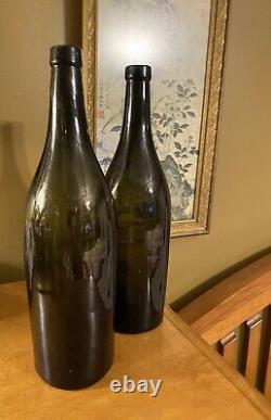 Antique 19th Century Hand Blown Very Dark Green Black Glass Wine Bottles