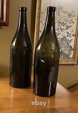 Antique 19th Century Hand Blown Very Dark Green Black Glass Wine Bottles