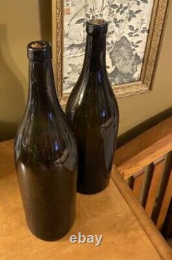 Antique 19th Century Hand Blown Very Dark Green Black Glass Wine Bottles