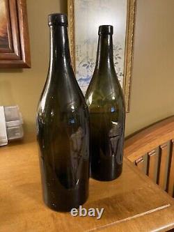 Antique 19th Century Hand Blown Very Dark Green Black Glass Wine Bottles