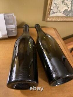 Antique 19th Century Hand Blown Very Dark Green Black Glass Wine Bottles