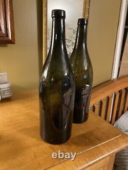 Antique 19th Century Hand Blown Very Dark Green Black Glass Wine Bottles