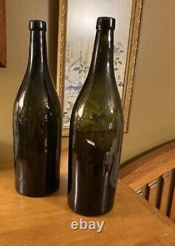 Antique 19th Century Hand Blown Very Dark Green Black Glass Wine Bottles