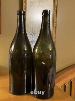 Antique 19th Century Hand Blown Very Dark Green Black Glass Wine Bottles