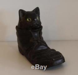Antique 19th Century Hand Carved Black Forest Cat Shoe Inkwell with Glass Bottle