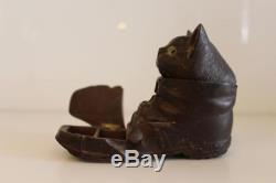 Antique 19th Century Hand Carved Black Forest Cat Shoe Inkwell with Glass Bottle
