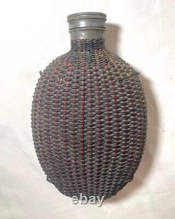 Antique 19th century handmade wicker wrapped glass pewter liquor flask bottle