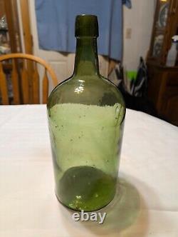 Antique 3 pc Mold Blown Green Demijohn Bottle 14 1/2 tall New England pre-1900s