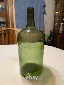 Antique 3 pc Mold Blown Green Demijohn Bottle 14 1/2 tall New England pre-1900s