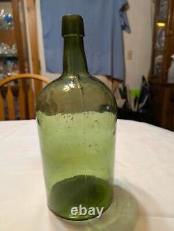 Antique 3 pc Mold Blown Green Demijohn Bottle 14 1/2 tall New England pre-1900s