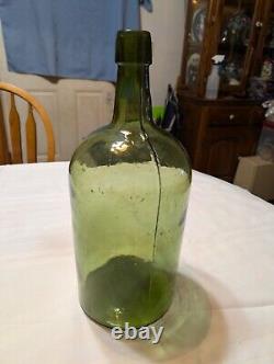 Antique 3 pc Mold Blown Green Demijohn Bottle 14 1/2 tall New England pre-1900s