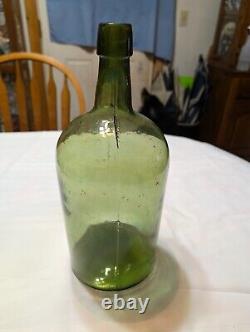 Antique 3 pc Mold Blown Green Demijohn Bottle 14 1/2 tall New England pre-1900s