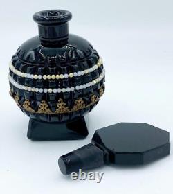 Antique Art Deco Black Czech Glass Perfume Bottle with Filigree and Faux Pearls