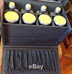 Antique Art Deco Black Travel Vanity Case w Handle Glass Bottles