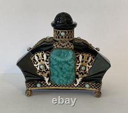 Antique Art Deco Bohemian Czech Black Opaline Ormolu Glass Perfume Bottle