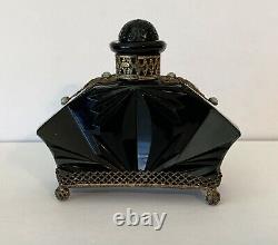 Antique Art Deco Bohemian Czech Black Opaline Ormolu Glass Perfume Bottle