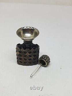 Antique Art Deco French Sterling Daisy Checkerboard Black Glass Perfume Bottle