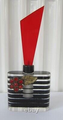 Antique Art Deco Perspex & Glass Perfume Scent Bottle + Stopper Black & Red