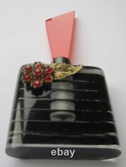 Antique Art Deco Perspex & Glass Perfume Scent Bottle + Stopper Black & Red