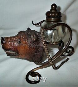 Antique Art Nouveau Carved Black Forest Bear Head Wood Glass Pen Tray Inkwell A+