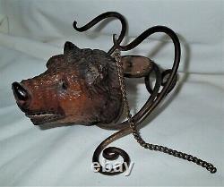 Antique Art Nouveau Carved Black Forest Bear Head Wood Glass Pen Tray Inkwell A+
