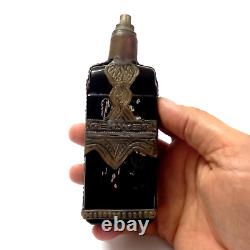 Antique Art Perfume Bottle Empty Glass Black Wrapped/Engraved Copper Old No Cap