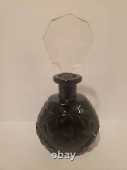 Antique BLACK CUT GLASS INTAGLIO FLORALS CZECH PERFUME BOTTLE withDAUBER