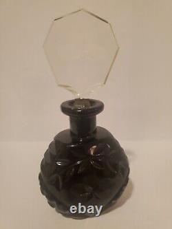 Antique BLACK CUT GLASS INTAGLIO FLORALS CZECH PERFUME BOTTLE withDAUBER