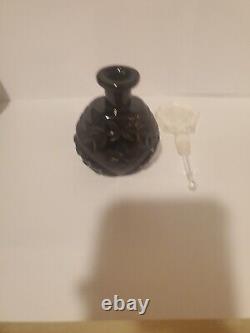 Antique BLACK CUT GLASS INTAGLIO FLORALS CZECH PERFUME BOTTLE withDAUBER