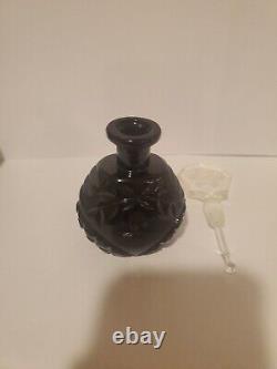 Antique BLACK CUT GLASS INTAGLIO FLORALS CZECH PERFUME BOTTLE withDAUBER