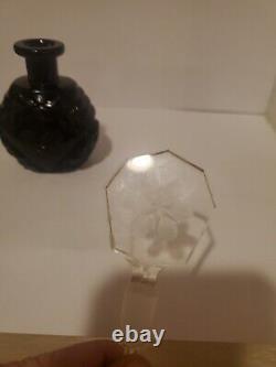 Antique BLACK CUT GLASS INTAGLIO FLORALS CZECH PERFUME BOTTLE withDAUBER