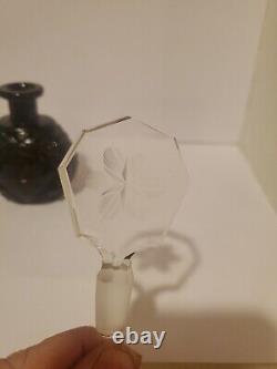 Antique BLACK CUT GLASS INTAGLIO FLORALS CZECH PERFUME BOTTLE withDAUBER