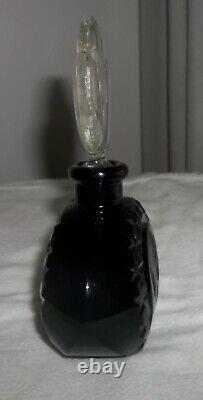 Antique BLACK CUT GLASS INTAGLIO FLORALS CZECH PERFUME BOTTLE withDAUBER