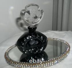 Antique BLACK CUT GLASS INTAGLIO FLORALS CZECH PERFUME BOTTLE withDAUBER