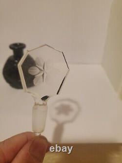 Antique BLACK CUT GLASS INTAGLIO FLORALS CZECH PERFUME BOTTLE withDAUBER