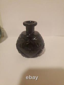 Antique BLACK CUT GLASS INTAGLIO FLORALS CZECH PERFUME BOTTLE withDAUBER