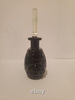 Antique BLACK CUT GLASS INTAGLIO FLORALS CZECH PERFUME BOTTLE withDAUBER